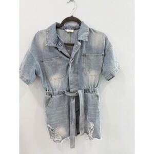 Love & Harmony Denim Romper M Distressed Tie Waist Short Sleeve Cowgirl Festival